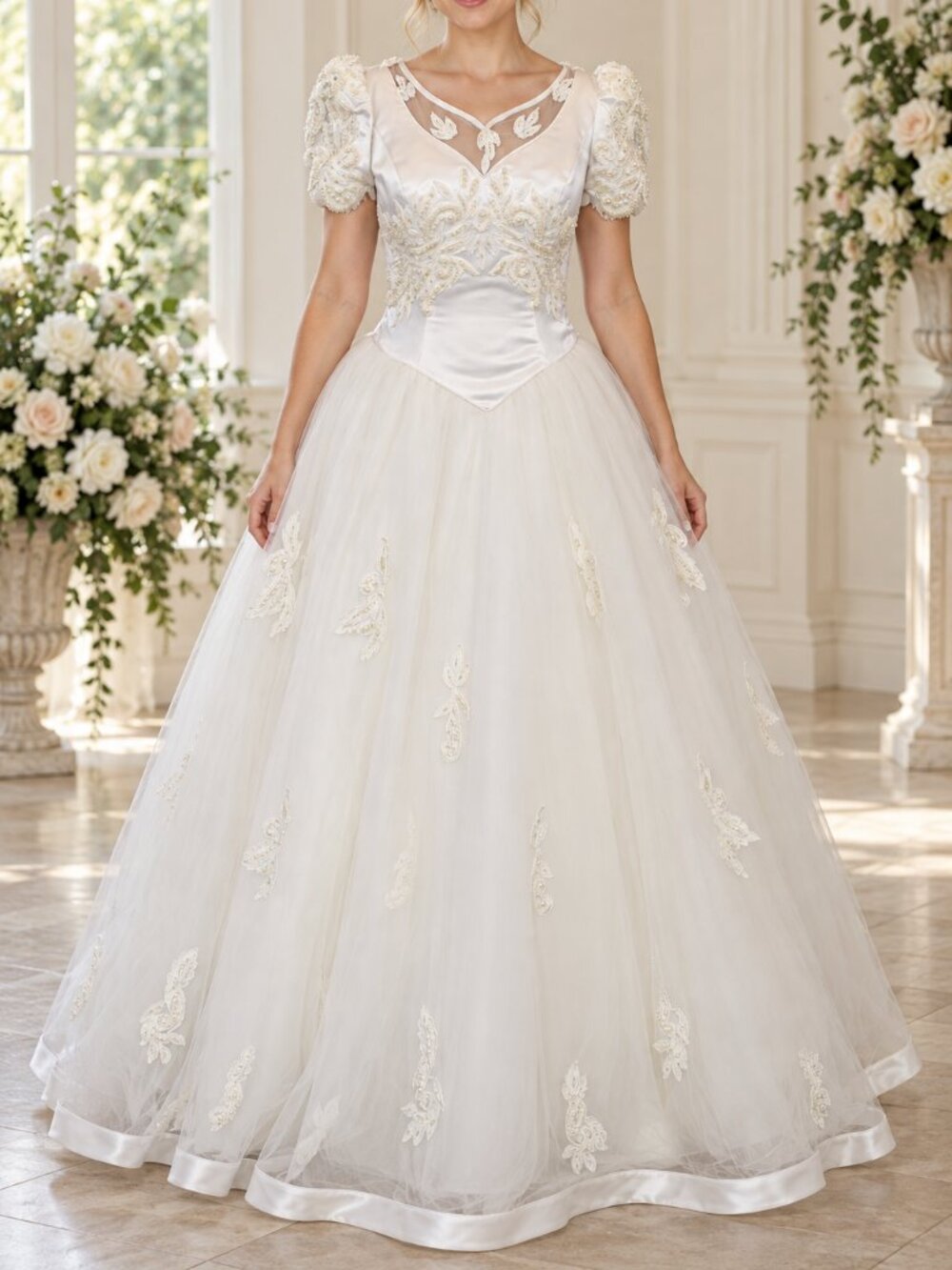 Vintage Mori Lee Beaded Satin & Tulle Wedding Dress Size 8